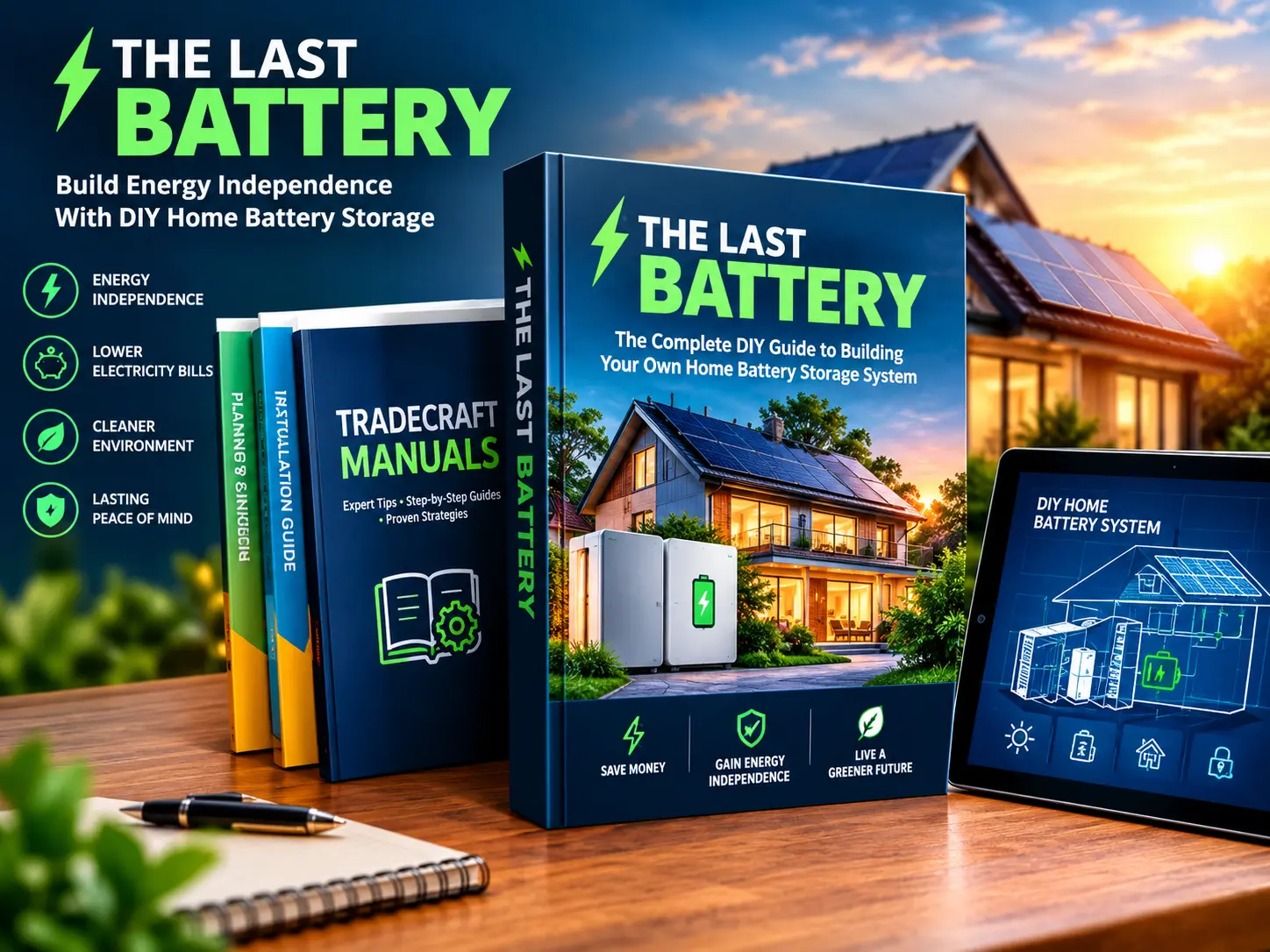 The Last Battery digital DIY home battery guide cover illustration showing battery storage concepts and tradecraft manuals.