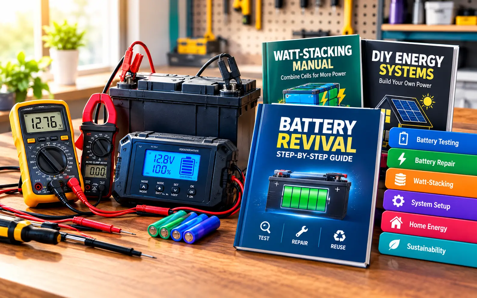 Illustration of battery revival testing equipment, multimeters, and watt-stacking instructional manuals.