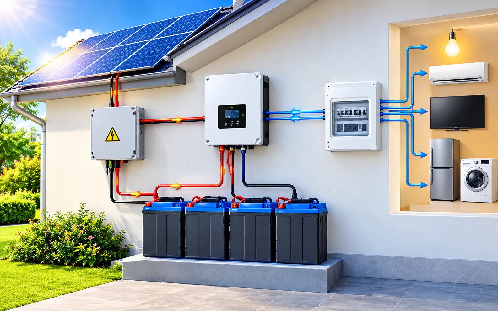 Technical diagram showing home energy storage setup, inverter connections, and basic battery bank wiring.